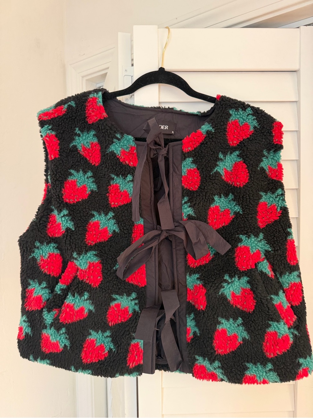 Cider Black Sherpa Vest with Red & Green Strawberry Motif